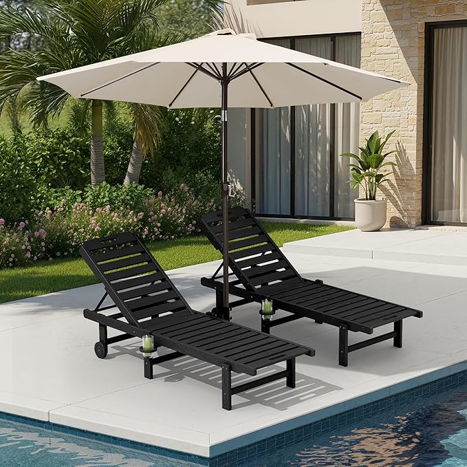 SERWALL Outdoor Chaise Lounge Set of 2 with 9FT Umbrella, HDPE Pool Lounge Chair with 5-Position Adjustable Backrest, Patio Lounger with Rolling Wheels & Cup Holder for Pool, Black