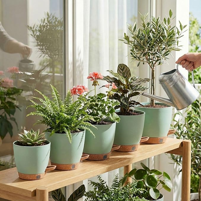 montresor 5 Pack Green 5/5.5/6/6.5/7 Inch Self Watering Planters for Outdoor, Plastic Plant Pots with Wick & Drainage, Small to Medium Indoor Pots for Snake Plant, Aloe