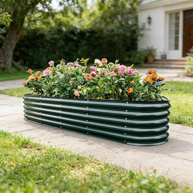 Gardmax Galvanized Raised Garden Bed, Lightweight Planter Boxes Outdoor with Easy Assembly, Large Garden Bed for Vegetables, Fruits, Flower Dark Green 8FT
