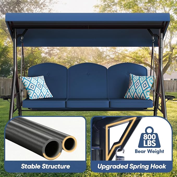 3 Seat Outdoor Porch Patio Swing with Stand 800lbs 2-in-1 Convertible Swing Bed with Adjustable Canopy & Removable Cushion for Yard Garden Deck (Blue, Round Tube)