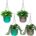 Meanplan 4 Pcs Self Watering Hanging Planter Indoor 6.5 Inch Hanging Baskets for Plants Outdoor Plastic Flower Pot with 3 Hooks Chains Drainage Holes for Garden Home, Medium Size(Emerald, Gray)