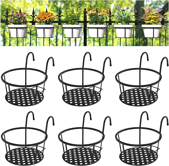 CADANI Iron Hanging Plant Holder Over The Rail Metal Fence Planters, Hanging Bucket Flower Pot Holder for Patio Balcony Outdoor Plants - Pack of 6 (Black)