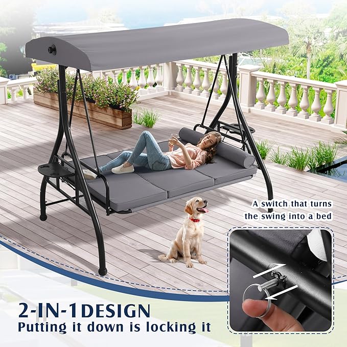 Grepatio Outdoor Porch Swing with Canopy and Stand, 3 Person Patio Swing for Adults, Convertible 2 in 1 Porch Bed Swing with Cup Holder, 3 Seat Swings with 2 Pillow Cushions for Garden, Yard (Grey)