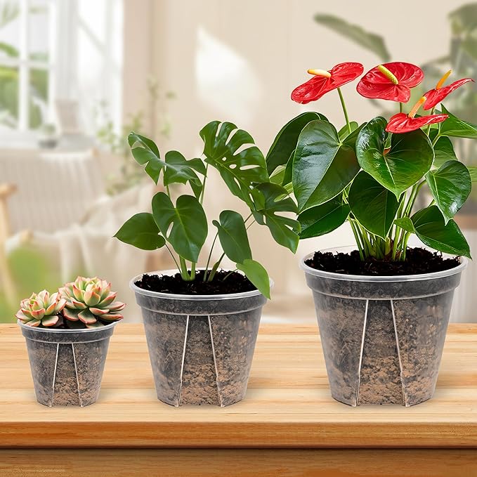 5 Set 7 Inch Transparent Plastic Garden Pots with Saucer - Planter with Drainage Hole for Indoor and Outdoor Plants - Includes 10 Plant Labels
