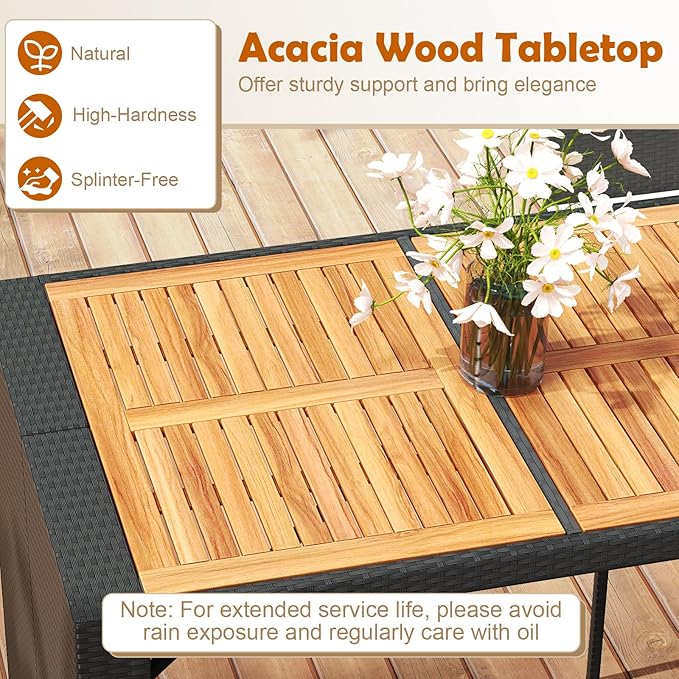 COSTWAY 5 Piece Patio Bar Set, Outdoor Rattan Wicker Bar Table and 30'' High Top Chairs Set with Acacia Wood Tabletop and Cushions for Poolside, Backyard