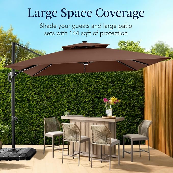 Best Choice Products 12x12ft LED Cantilever Patio Umbrella w/Base Included & 360° Rotation, Large Solar Offset Hanging Outdoor Sun Shade for Deck, Backyard Table w/Stand & Lights – Brown