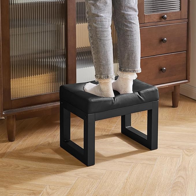 IBUYKE 16 Inch Small Foot Stool Ottoman, Rectangle PU Faux Leather Foot Rest with Padded Seat and Metal Legs, Modern Ottoman Foot Rest for Living Room Bedroom Entryway Couch, Black WBD026B
