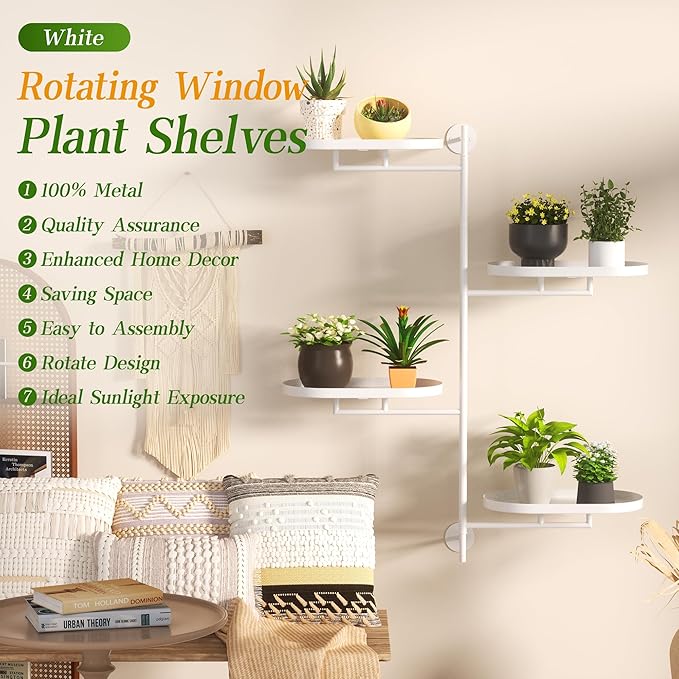 Window Rotating Plant Stand Shelf Indoor White Metal Floating Shelves 4-Tier Wall Mount Plant hanger Holders for Wall Planter Modern Home Decor window sill gifts
