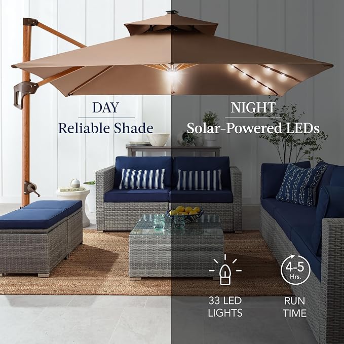 Best Choice Products 10ft Square Cantilever Patio Umbrella w/Base Included, Woodgrain Pattern Pole & Solar LED Lights, 360-Rotation, Offset Hanging Outdoor Shade - Tan