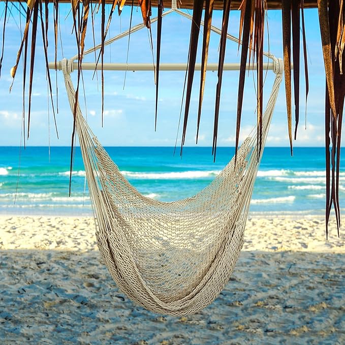 Barydat 2 Pcs Hanging Hammock Chair Boho Swing Chair Indoor Outdoor Cotton Rope Weaving Chair with 40 Inch Detachable Metal Bars for Backyard Living Room Bedroom Garden(Beige)
