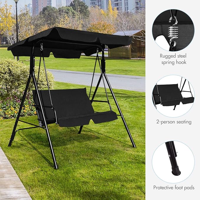 Tangkula 2 Person Porch Swing, Outdoor Swing with Removable Cushions, Solid Steel Structure, Patio Swing with Adjustable Canopy for Porch, Backyard, Garden, Balcony