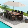Tangkula 11 Pieces Rattan Outdoor Dining Set with 15Ft Solar Patio Umbrella for 8, Outdoor Wicker Table Set with 8 Cushioned Chairs, Acacia Wood Top, Outdoor Umbrella with Base Included