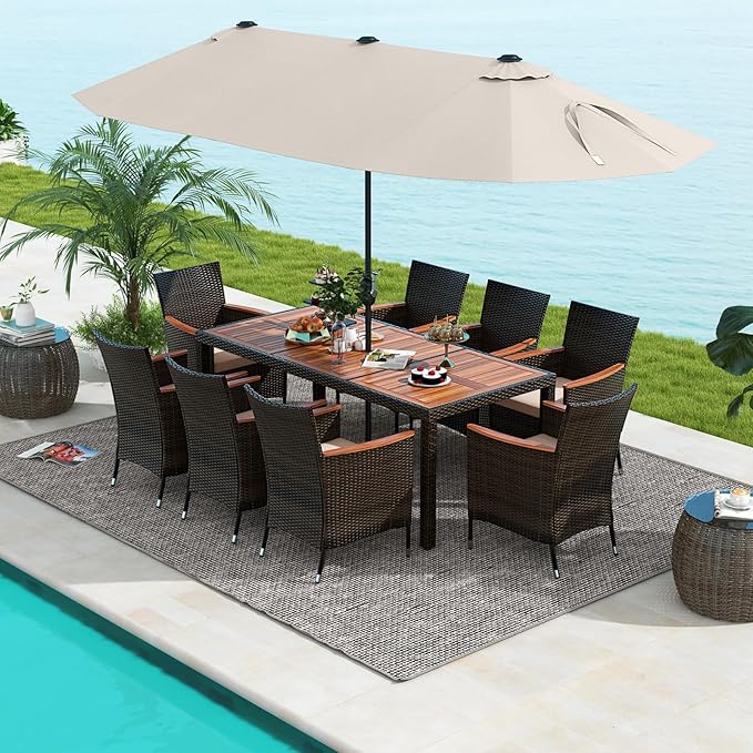Tangkula 11 Pieces Rattan Outdoor Dining Set with 15Ft Solar Patio Umbrella for 8, Outdoor Wicker Table Set with 8 Cushioned Chairs, Acacia Wood Top, Outdoor Umbrella with Base Included