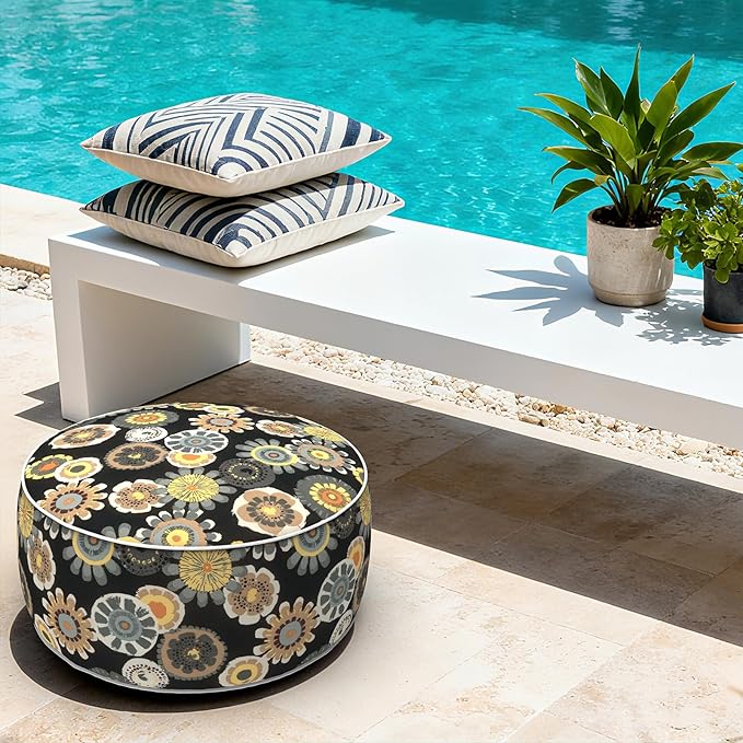 LVTXIII Indoor/Outdoor Inflatable Ottoman with Handle D21 x H9 Inch, Weather-Resistant Round Footstool Pouf for Patio Camping Living Room, Portable Footrest Extra Seating, Black Yellow Crosby