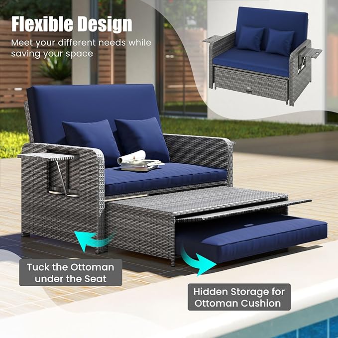 Tangkula Patio Rattan Daybed with 4-Level Adjustable Backrest, Outdoor PE Wicker Loveseat with Storage Ottoman & Folding Side Table, Double Sunbed for Balcony, Backyard & Poolside, Navy & Grey