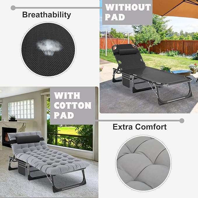 ABORON 2PK Chaise Lounge Chair,5 Positions Padded Outdoor Tanning Chair,Heavy Duty Portable Lounge Chair for Outdoor Sunbathing Patio Pool Lawn Deck Poolside,Support up to 440 Lbs
