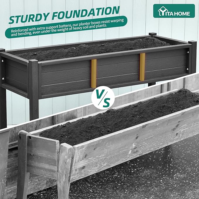 YITAHOME 48x18x30in Raised Garden Bed HDPE, Weather-Resistant Poly Lumber Planter Box with Legs & Storage Shelf, Elevated Garden Bed for Yard, Garden, Balcony - Black