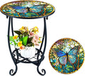 Outdoor Side Table Round Small Mosaic Patio Accent Indoor End Plant Coffee Tea Table for Yard Patio Porch Garden Living Room, Bedroom(Butterfly Style,12 Inch)