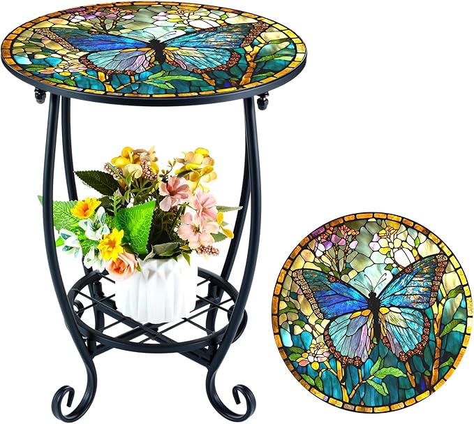 Outdoor Side Table Round Small Mosaic Patio Accent Indoor End Plant Coffee Tea Table for Yard Patio Porch Garden Living Room, Bedroom(Butterfly Style,12 Inch)