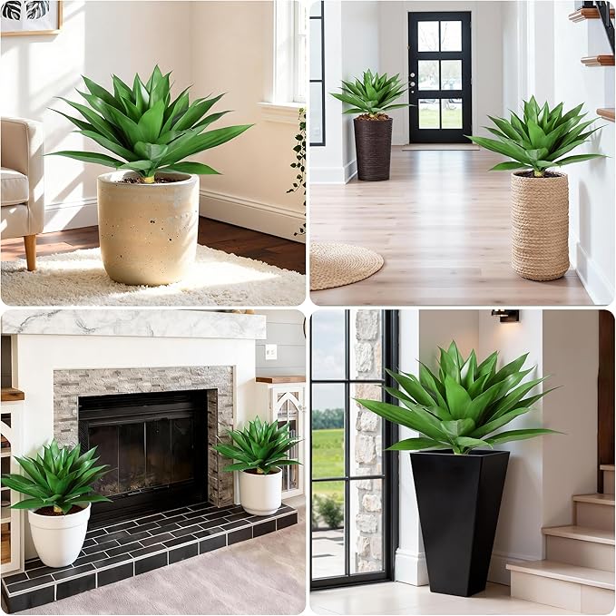 Ivydale Outdoor Faux Plants, 2 PCS 28" Artificial Agave Plant for Outdoors Outside Decoration, Large Fake Plants Realistic Greenery UV Resistant for Planter Porch Patio Yard Garden Indoor(Green)