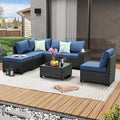 7 Pieces Patio Furniture Set All-Weather Outdoor Wicker Sectional Conversation Sofa Rattan Patio Seating Sofa with Cushion and Glass Table and Ottoman for Porch Poolside,Navy