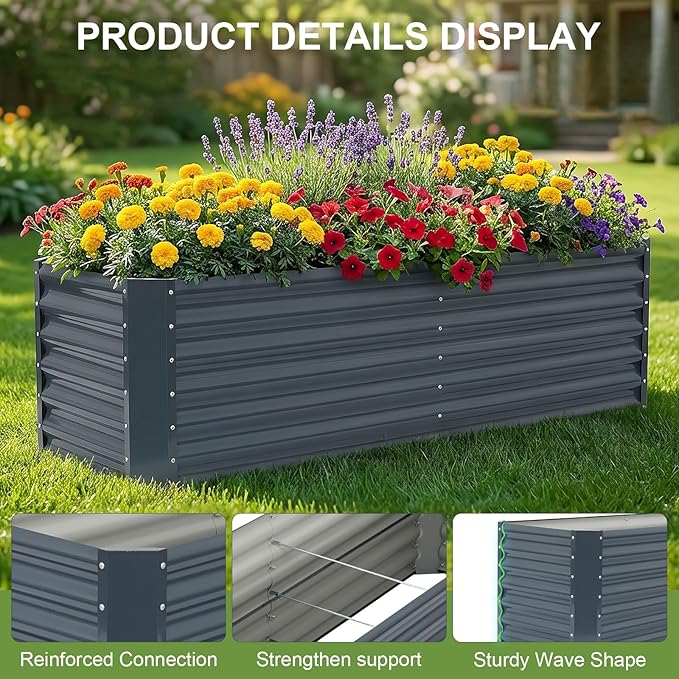 6x2x2ft Raised Garden Bed - Galvanized Deep Root Planter Boxes Outdoor with Wing Nuts and Safety Edges for Gardening Vegetables, Flowers, Herbs, Succulents - Gray