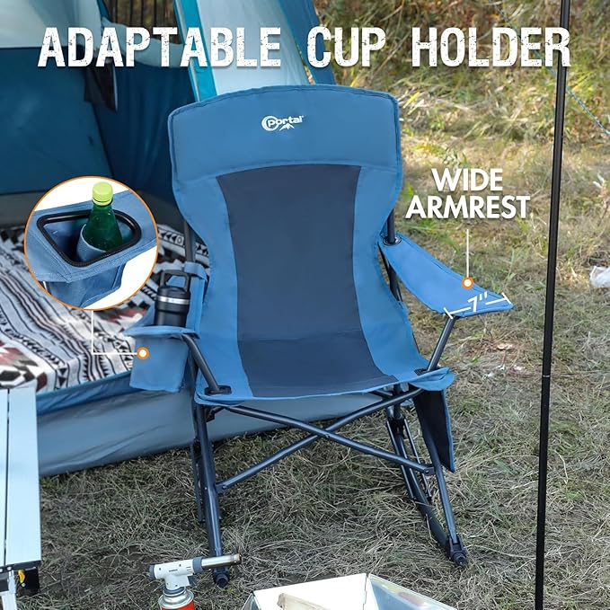 Portal Folding Camping Rocking Chair Portable Outdoor Rocker High Back Cup Holder Side Pocket Carry Bag Included, Support 300 lbs