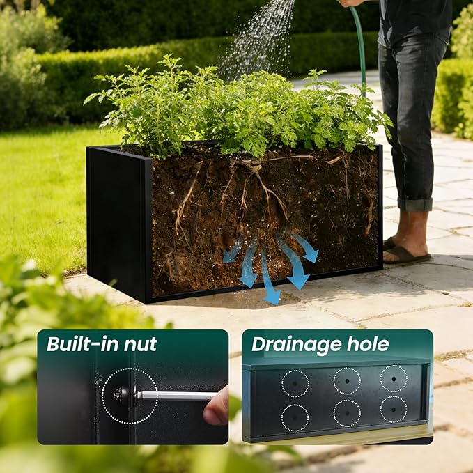 Metal Rectangular Planter Black Galvanized Steel Rectangle Planter Box 36" L x 15" W x 15" H Large Planter for Outdoor Indoor Plants Porch Patio Backyard