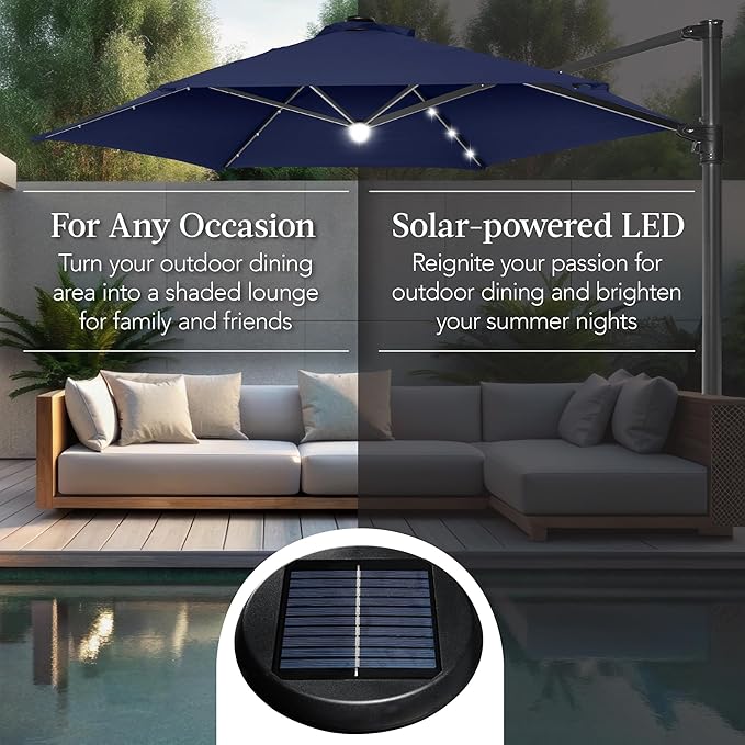 Best Choice Products 10ft Solar LED Offset Cantilever Hanging Market Patio Umbrella, Smooth 360° Rotation, 8 Sturdy Ribs, Easy Adjustment - Navy Blue