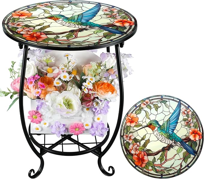 Outdoor Side Table Round Small Mosaic Patio Accent Indoor End Plant Coffee Tea Table for Yard Patio Porch Garden Living Room, Bedroom(Hummingbird A Style,14 Inch)