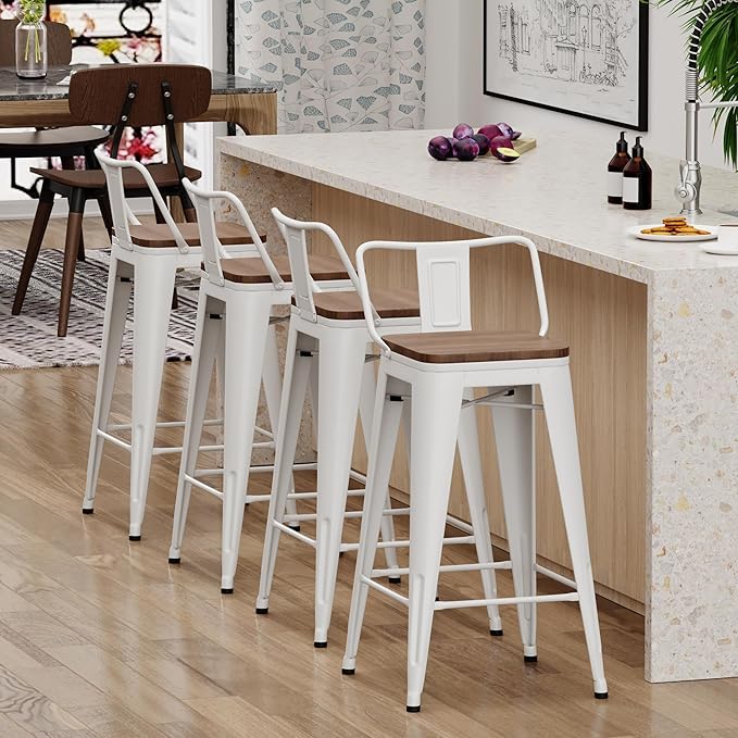 Yongchuang 24 inch Metal Bar Stools Set of 4 Counter Height Barstools Farmhouse Kitchen Bar Chairs with Wood Seat Low Back Cream White