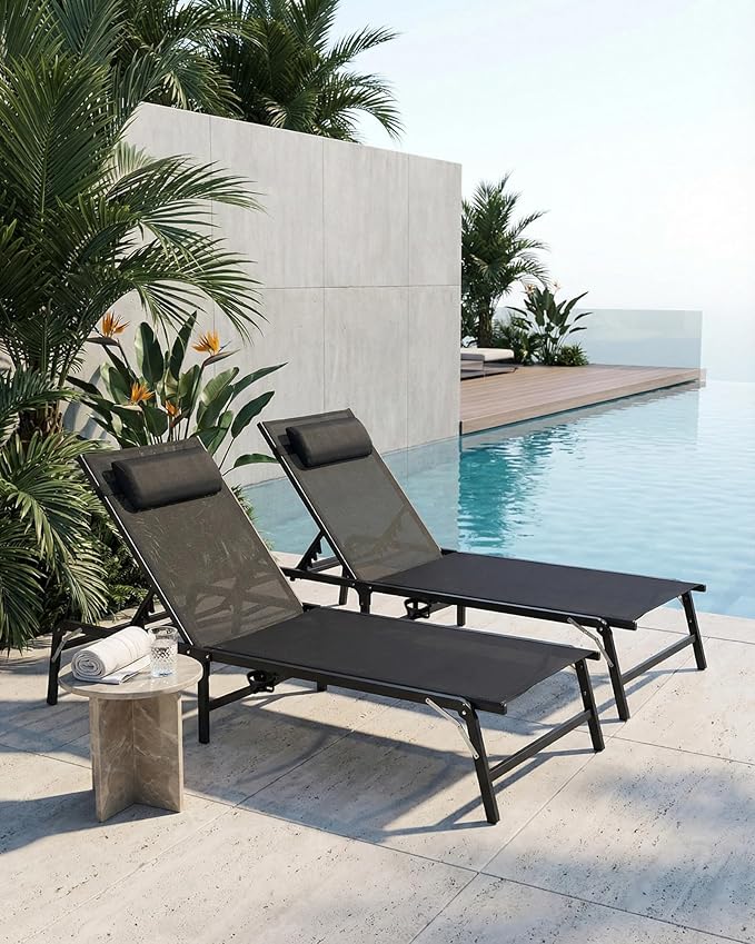 Foldable Chaise Lounge Chair with Cup Holder, Assemble-Free Outdoor Lounge Chair with Detachable Pillow and 6 Adjustable Backrest, Patio Lounge Chair for Outside Poolside Beach Pool, Black