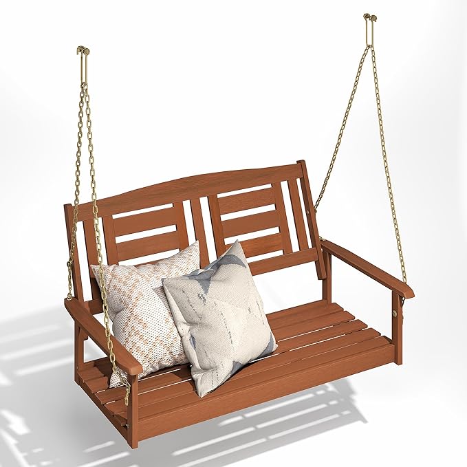 Furinno TIOMAN Porch Swing, 2-Seater Outdoor Hanging Wooden Swing with Chain in Teak Oil, for Patio, Garden, Porch, Light Wood