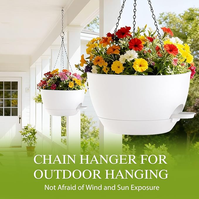 12 Inch Hanging Baskets 2 PC with Chains, Self-Watering Hanging Planters for Indoor Outdoor Plants, Plastic Hanging Flower Pots,White