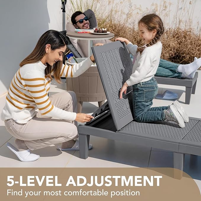 Devoko Outdoor Chaise Lounge Chair Set of 4 for Outside Pool Patio, Adjustable Waterproof Easy Assembly Chaise Lounge Outdoor (Light Grey, Set of 4)