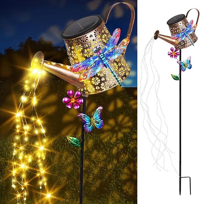 Solar Watering Can with Lights Outdoor Garden, 41in Large Dragonfly Garden Stake Lights, Waterproof Decoration for Yard Lawn Pathway, Gifts for Mom Grandma Women Birthday Gardening Gift
