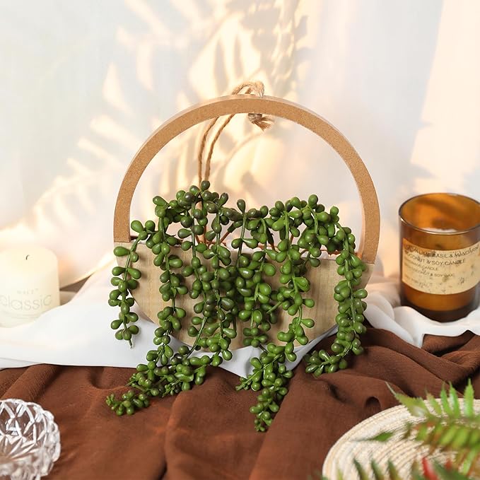 Floweroyal 2pcs Artificial Succulents Hanging Plants 12.2'' Fake String of Pearls in Pot with 8.3'' Lanyard for Indoor Outdoor Wall Decor（Wood Color）.