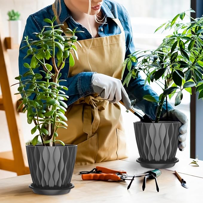 6 Pack 6 Inch Indoor Plant Pots with Drainage Holes, Outdoor Plastic Decorative Flower Pots, Garden Planters with Tray Saucers for Orchids, Violets, Succulents, Herbs, and Other Plants