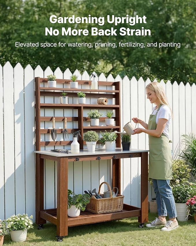 VEVOR Potting Bench Table, Outdoor Gardening Workstation with 45 x 26 in Stainless Steel Tabletop, Storage Shelves, 4 Casters, Hooks, Garden Planting Work Station for Outside Patio, Backyard, Brown