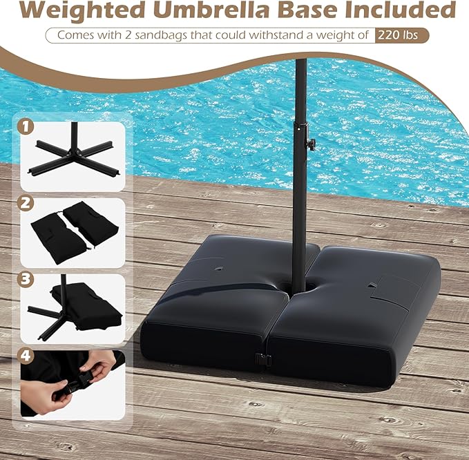 Tangkula 10ft Solar LED Patio Umbrella with Base, Offset Cantilever Outdoor Umbrella with 32 LED Lights, Infinite Tilt, 360 Degree Rotation, Crank Handle for Pool Deck Garden Backyard (Tan)