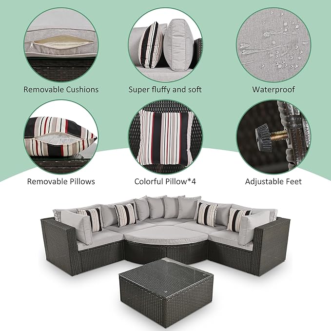 Merax 7-Piece Outdoor Wicker Sectional Sofa Set,Modular Rattan Conversation Set with Gray Cushions,Striped Green Pillows & Tempered Glass Coffee Table for Patio,Garden,Deck,Brown