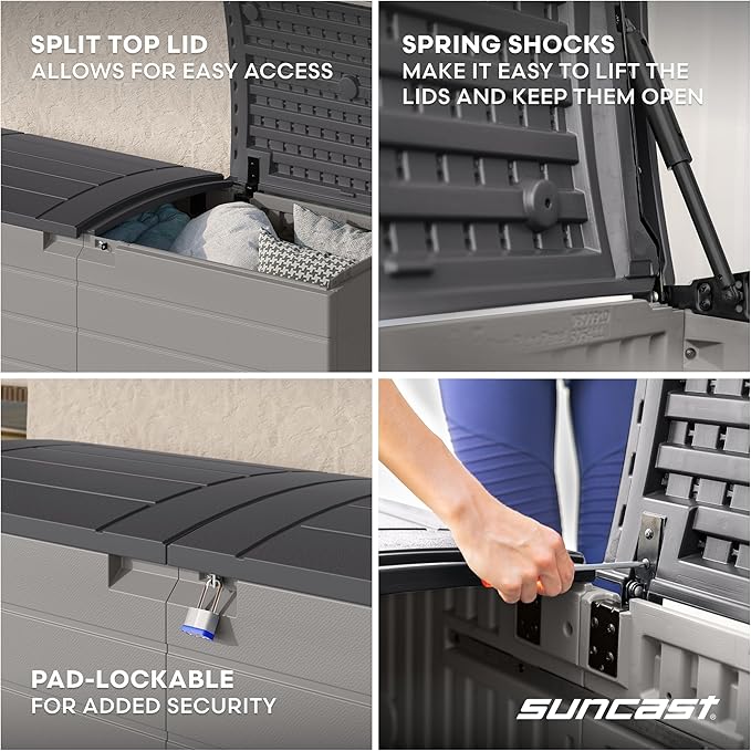 Suncast 120 Gallon Deck Box - Resin Outdoor Storage Box for Patio Cushions, Pool Accessories, & Garden Tools, Lockable Outdoor Storage Bin with Split Lid, Extra Large Dove Gray Outside Container