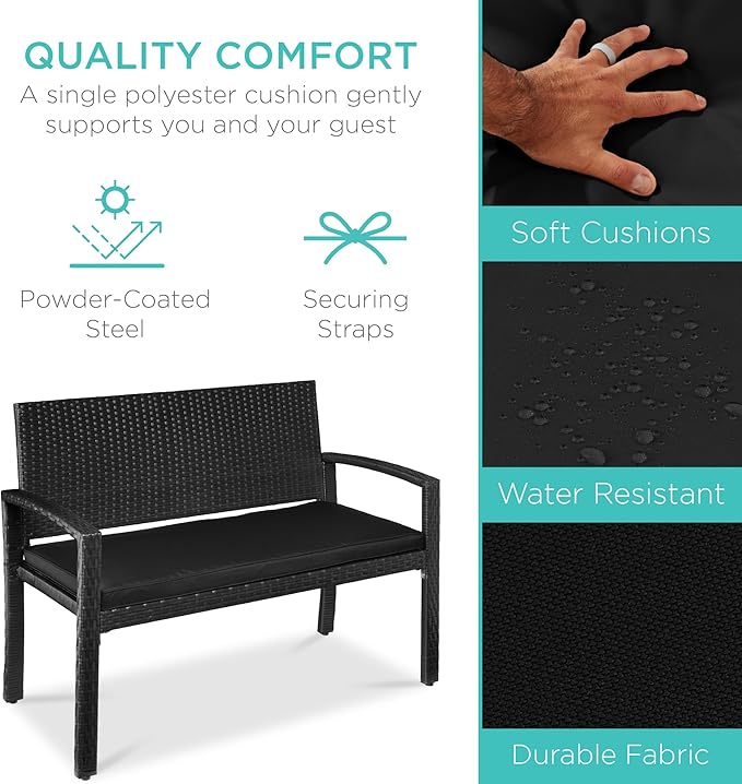 Best Choice Products Outdoor Bench 2-Person Wicker Garden Patio Benches Seating Furniture for Backyard, Porch w/Seat Cushion, 700lb Capacity - Black/Black