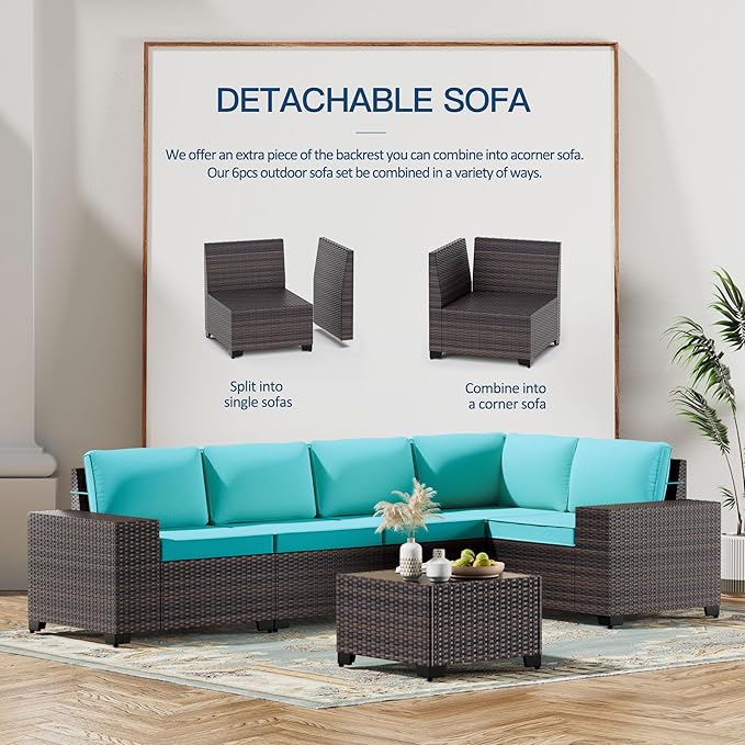 Kullavik 13PCS Outdoor Patio Furniture Set with 43" 55000BTU Gas Propane Fire Pit Table PE Wicker Rattan Sectional Sofa Patio Conversation Sets,Blue