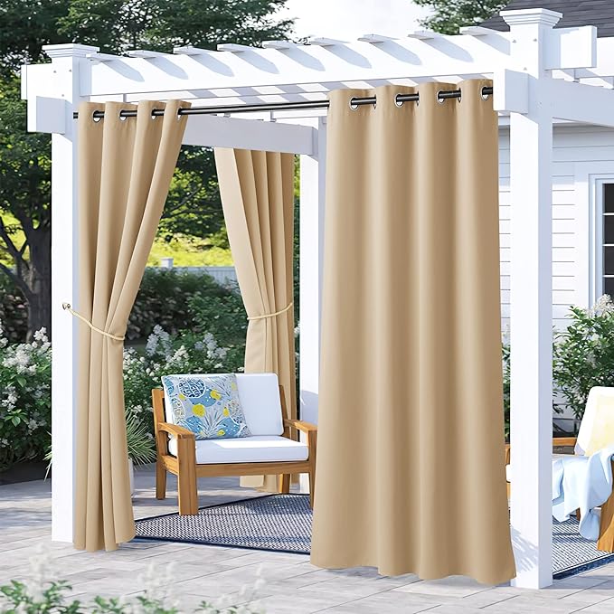 NICETOWN Outdoor Patio Curtains Waterproof Set of 2, Rustproof Stainless Steel Grommet Porch Decor Thermal Insulated for Outdoor Open-air Film/Pool, Biscotti Beige, W52 x L72 Inch