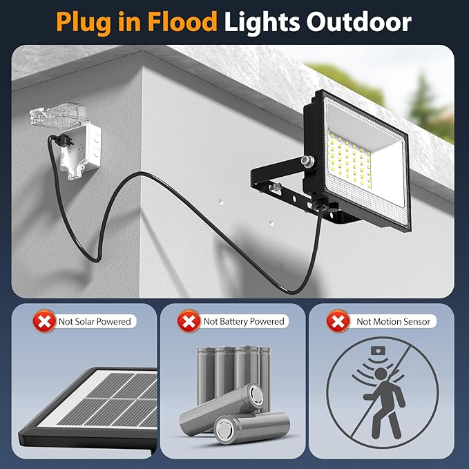 Onforu 40W Flood Lights Outdoor,4000lm Bright LED Work Light with Plug, 6500K Daylight White LED Flood Lighting, IP66 Waterproof Security Yard Lights for Garage Stadium 2 Pack