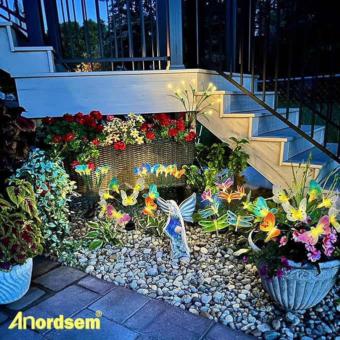 Anordsem Solar Garden Lights Outdoor: 8 Removable Optical Fiber Butterflies 2 Pack - Waterproof Fun Animal Decoration for Yard Patio Path - Gardening Gifts for Garden Lovers Over 30