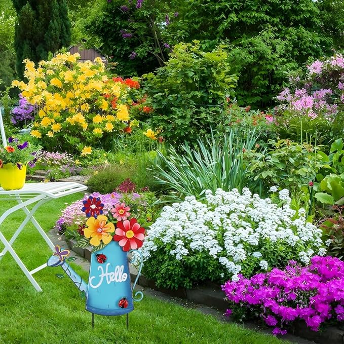 hogardeck Garden Decor for Outside, Metal Watering Can Decorative Garden Stakes with Flowers, Yard Art Welcome Spring Signs for Outdoor Lawn Backyard Porch Patio Garden Decorations
