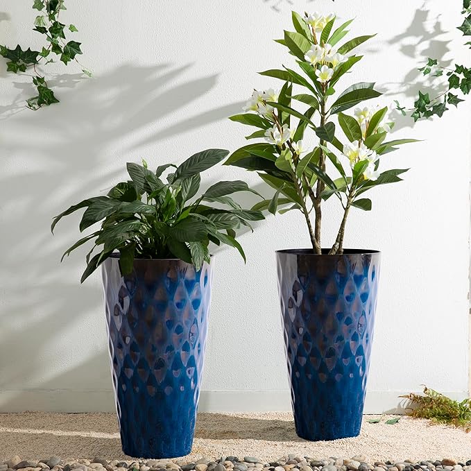 Glitzhome 23.75" H Tall Outdoor Planter, Set of 2 Wavy Texture Cobalt Blue Large Outdoor Planters, with Drainage Hole, Plastic Large Round Decorative Flower Plant Pot for Front Porch, Indoor