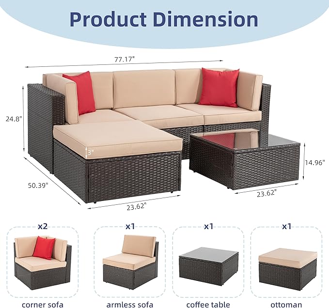Vongrasig 5 Piece Patio Furniture Sets, All-Weather PE Rattan Wicker Outdoor Sectional Couch, Small Patio Conversation Set with Glass Table for Garden Pool, Beige